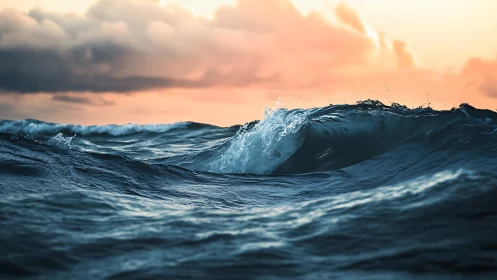 Sunlit ocean wave under soft evening cloud cover.