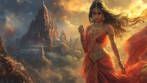 Flame crowned goddess strides before mist veiled temple citadel.