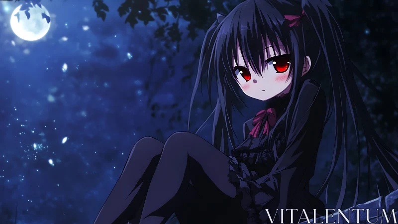Gothic twin‑tailed girl under luminous blue full moonlit sky