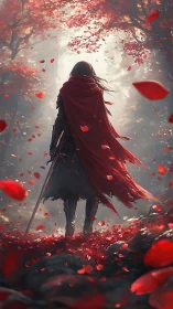 Lone swordbearer in crimson cloak striding autumn grove.