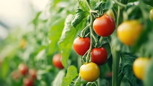 Sunlit vine of garden tomatoes in a ripeness rainbow parade.
