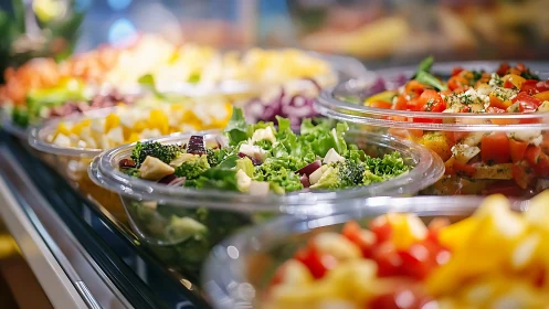 Colorful salad bar bowls with fresh vegetable medley.