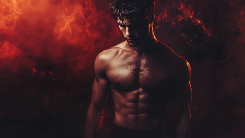 Chiaroscuro male torso framed by cinematic fiery bokeh haze