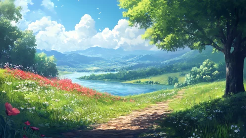 Sunlit riverside path curves through flowered hillside meadow