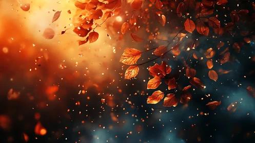 Volumetric autumn foliage suspended in cinematic bokeh field.