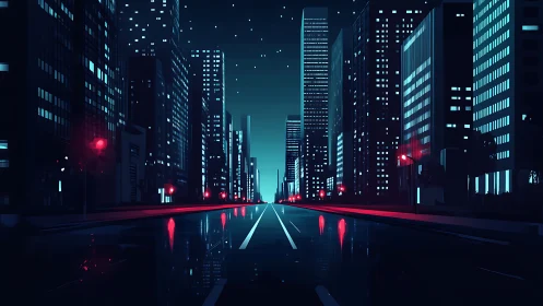 Neon city avenue under stars with reflective wet asphalt.