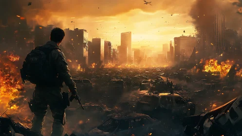 Lone survivor surveys burning post-apocalyptic cityscape.
