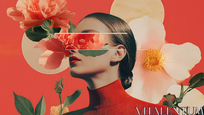 Floral daydream portrait wrapped in bold red surreal calm.