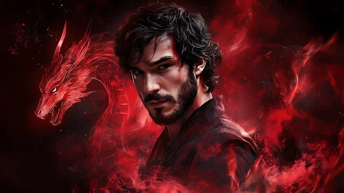 Midnight-eyed mage wrapped in infernal dragon embers.