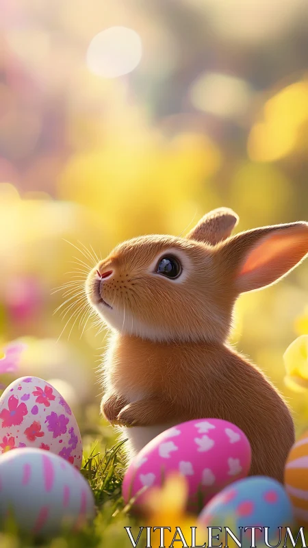 Springtime bunny gazes sweetly among colorful Easter eggs