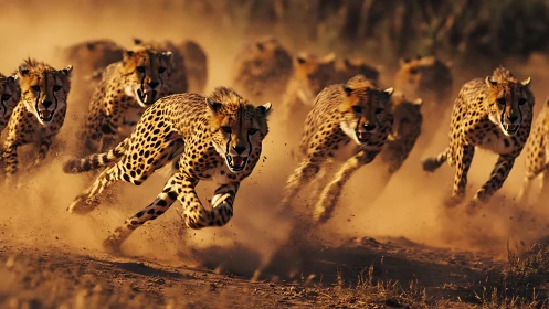 Herd of cheetahs running through dust in savanna environment.
