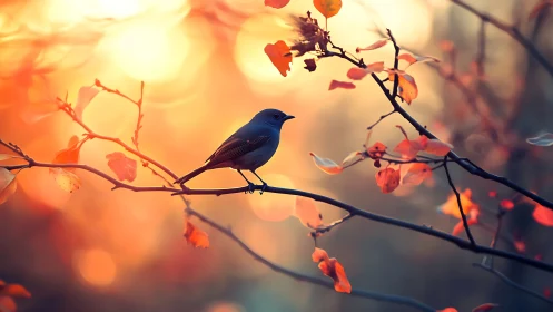Small bird on autumn branch against warm sunset light.