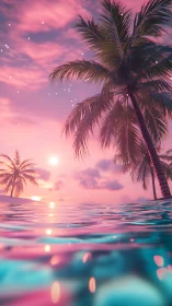Neon pink tropical sunset with reflective ocean surface