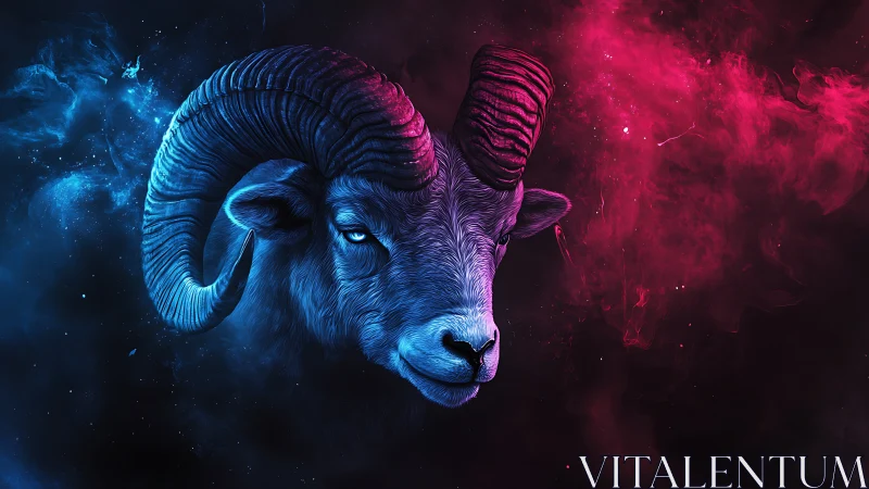 Cosmic ram between blue calm and fierce pink fire.