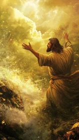 Digital painting of radiant prophet within celestial stormscape.