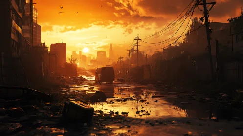 Sunlit flooded urban street shows derelict infrastructure