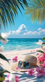 Tropical straw hat still life under palm-framed shoreline light.