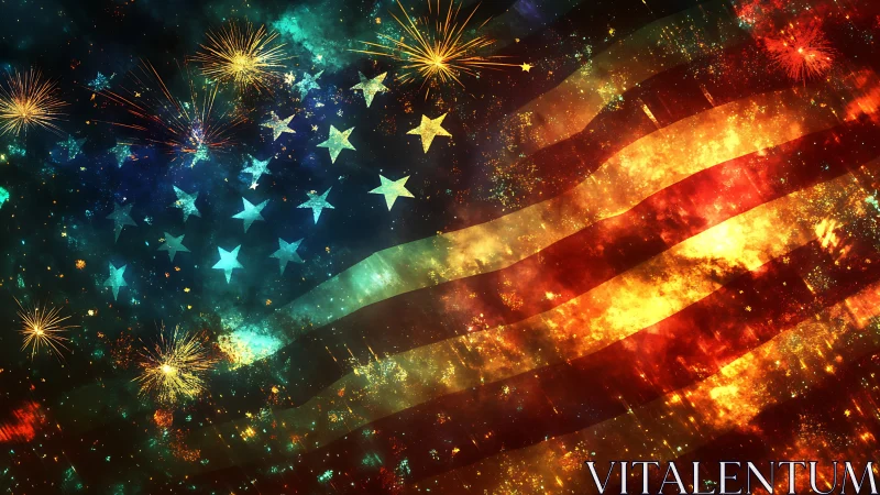 American flag in night sky with bright fireworks overlay.