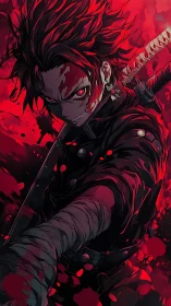 Fiery-eyed swordsman charging through a crimson storm.