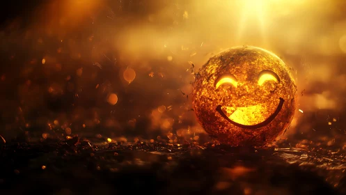 Glowing smiling sphere rests on ground under warm golden light