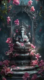 Central Ganesh statue is framed by ornate arch and flowers