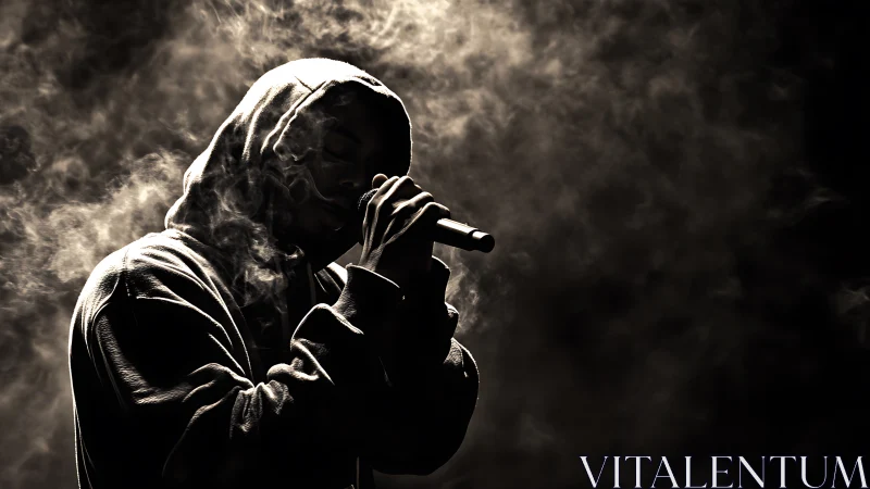 Backlit hooded vocalist in dense atmospheric stage haze.