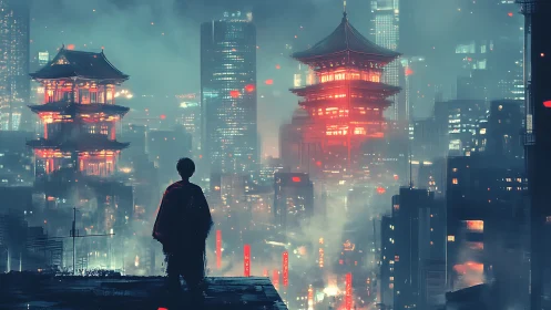 Neon pagoda skyline with solitary observer in cybernetic haze.