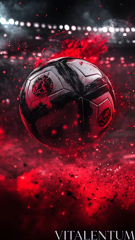 Dynamic 3D football explosion with red particle field focus.