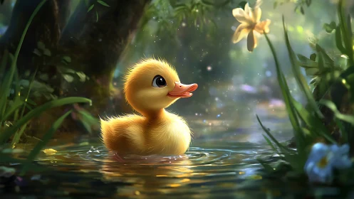 Sunlit duckling drifts through a spellbound forest brook.