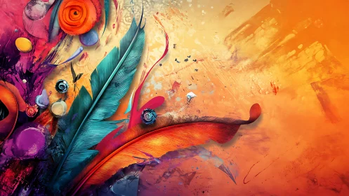 Vibrant abstract feathers erupt across a glowing orange canvas