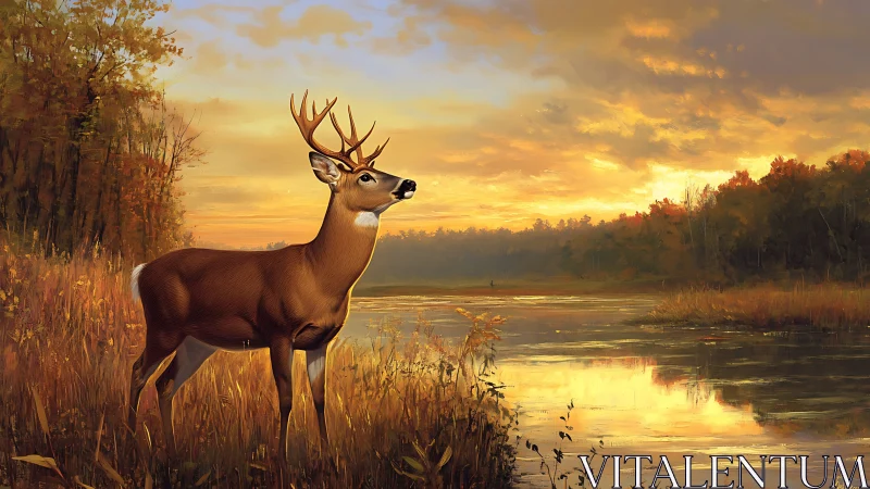 Gentle autumn stag pausing beside a quiet golden lakeshore.