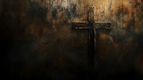 Weathered wooden cross on dark textured wall background.