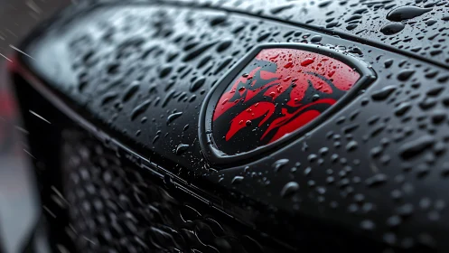 Red dragon car emblem glistens on rain-soaked black hood.