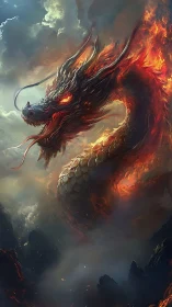 Infernal serpentine dragon rising through stormfire skies.
