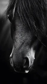 Shadowlit horse muzzle in poetic monochrome silence.