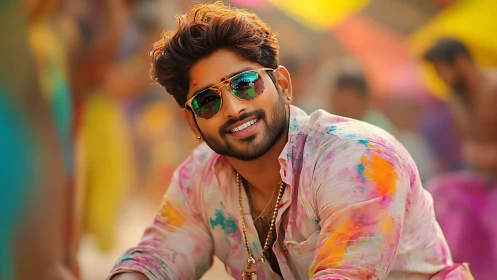 Smiling man in sunglasses enjoys vibrant Holi colors.