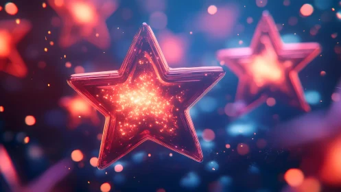 Glowing Red Neon Stars with Sparkling Light Effects in Abstract Art.