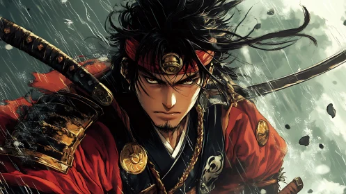 Samurai warrior in rain with drawn sword and focused gaze.