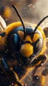 Macro hornet portrait in dynamic golden bokeh storm.