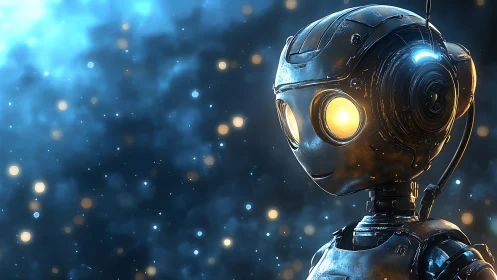 Luminous eyed robot portrait in glowing cosmic haze.