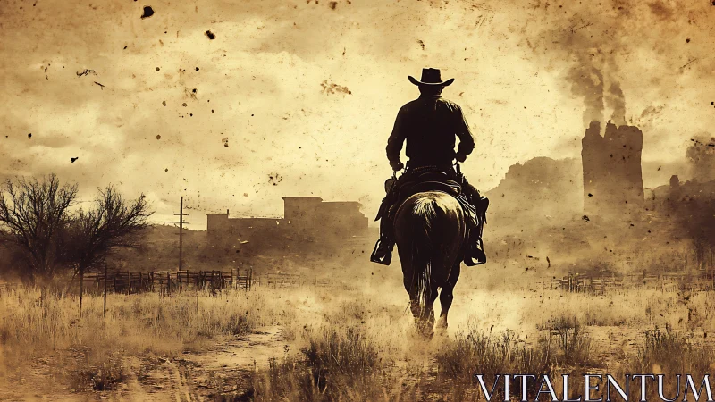 Lone cowboy rides through sepia desert toward hazy frontier town.