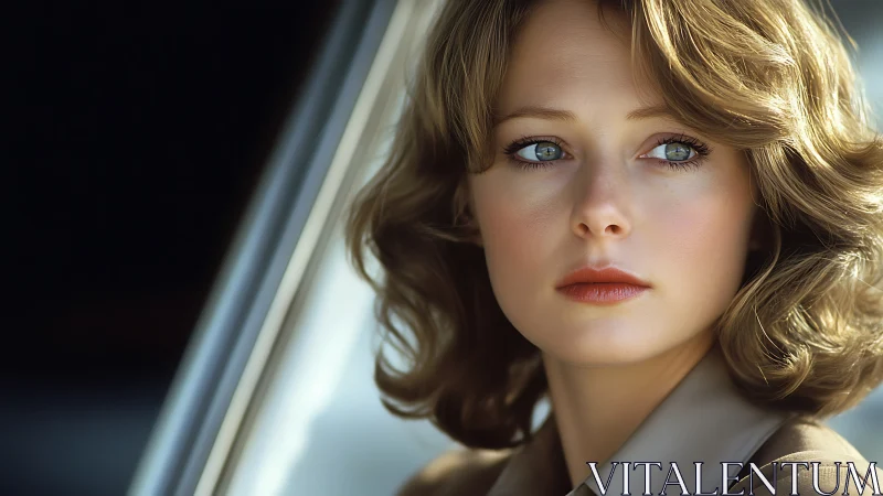 Cinematic close-up portrait of pensive woman by car window