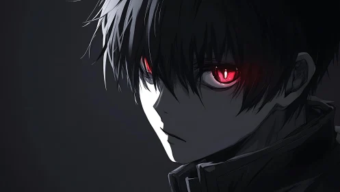 Red-eyed midnight loner staring through the grayscale hush.