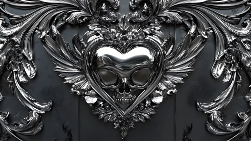 Chrome skull heart framed by ornate baroque metallic scrolls.