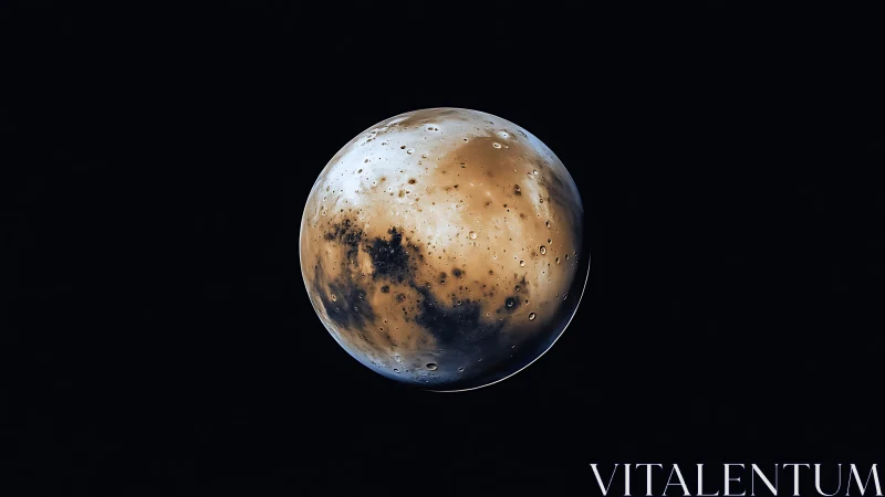 Planetary sphere with cratered surface against black space.