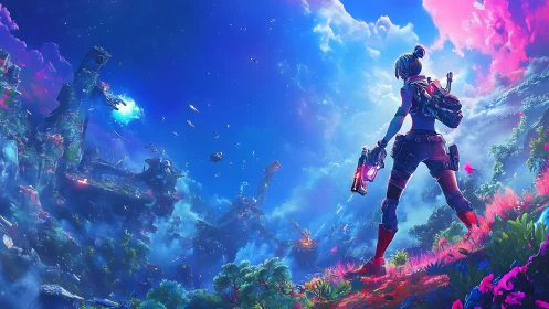 Bold space explorer welcomes a vivid neon alien horizon