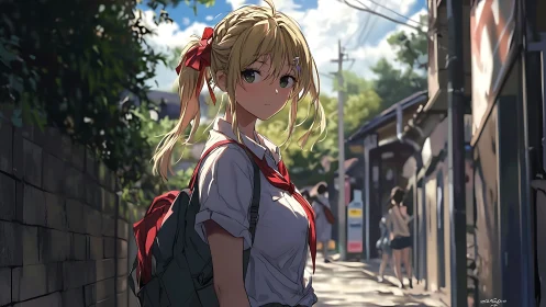 Sunlit anime schoolgirl pauses in narrow residential alley