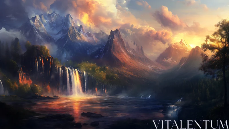 Mountain lake landscape shows waterfalls under sunset light