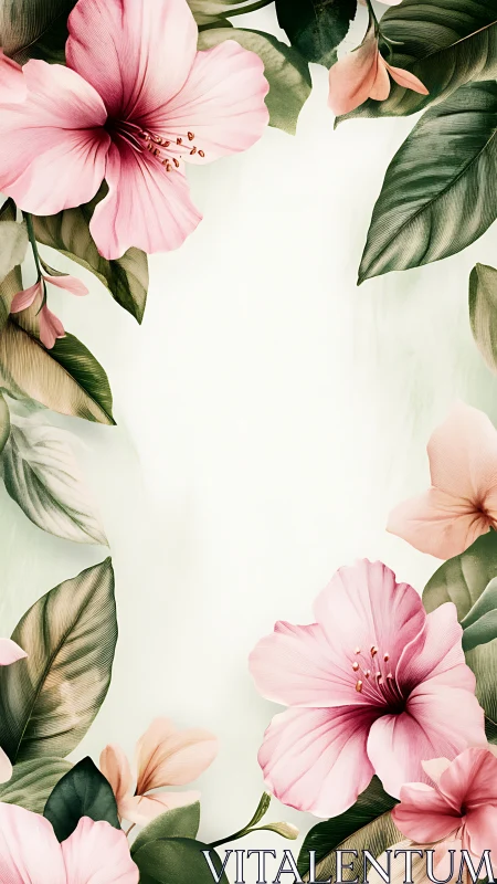 Pink hibiscus blooms framed against botanical foliage.