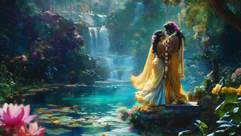 Couple in Golden Saris by Luminous Waterfall